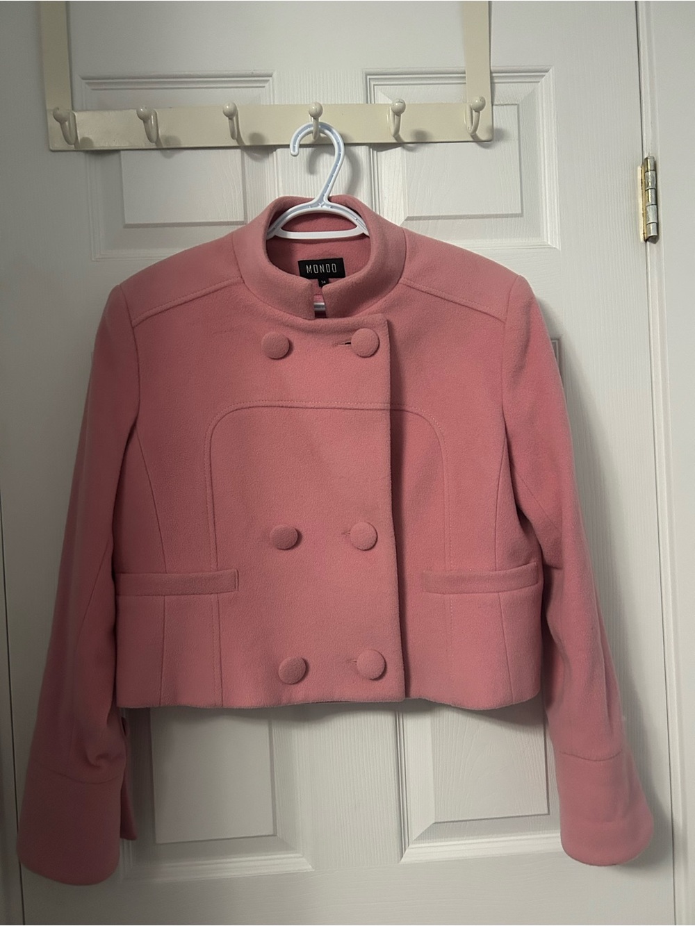 Mondo Pink Double-Breasted Cropped Pea Coat Wool/Cashmere Blend